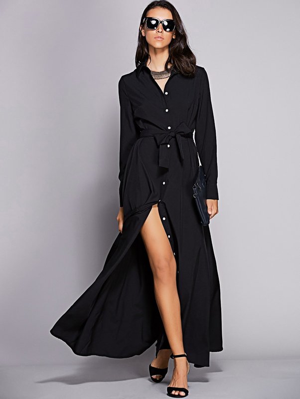 Rochie neagră de cămașă lungă
