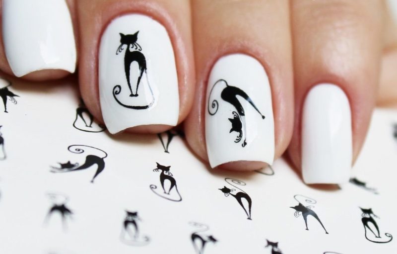 Witte nagels met kattenglijbanen
