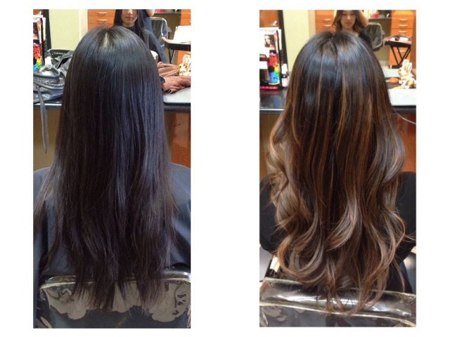 Shatush ant tamsių plaukų: prieš ir po nuotraukų