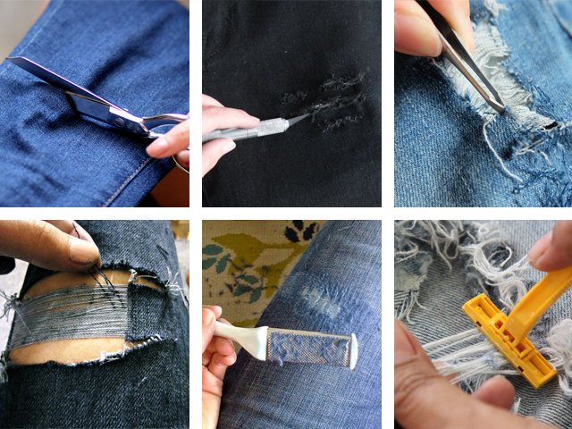 Kaip padaryti skylutes ir įbrėžimus ant džinsų?