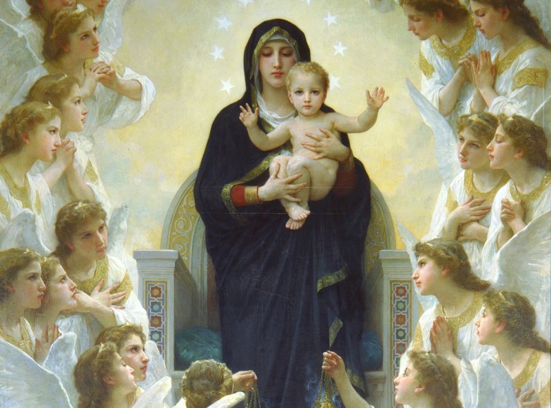 Malý Ježíš v náručí matky Boží obklopené apoštoly