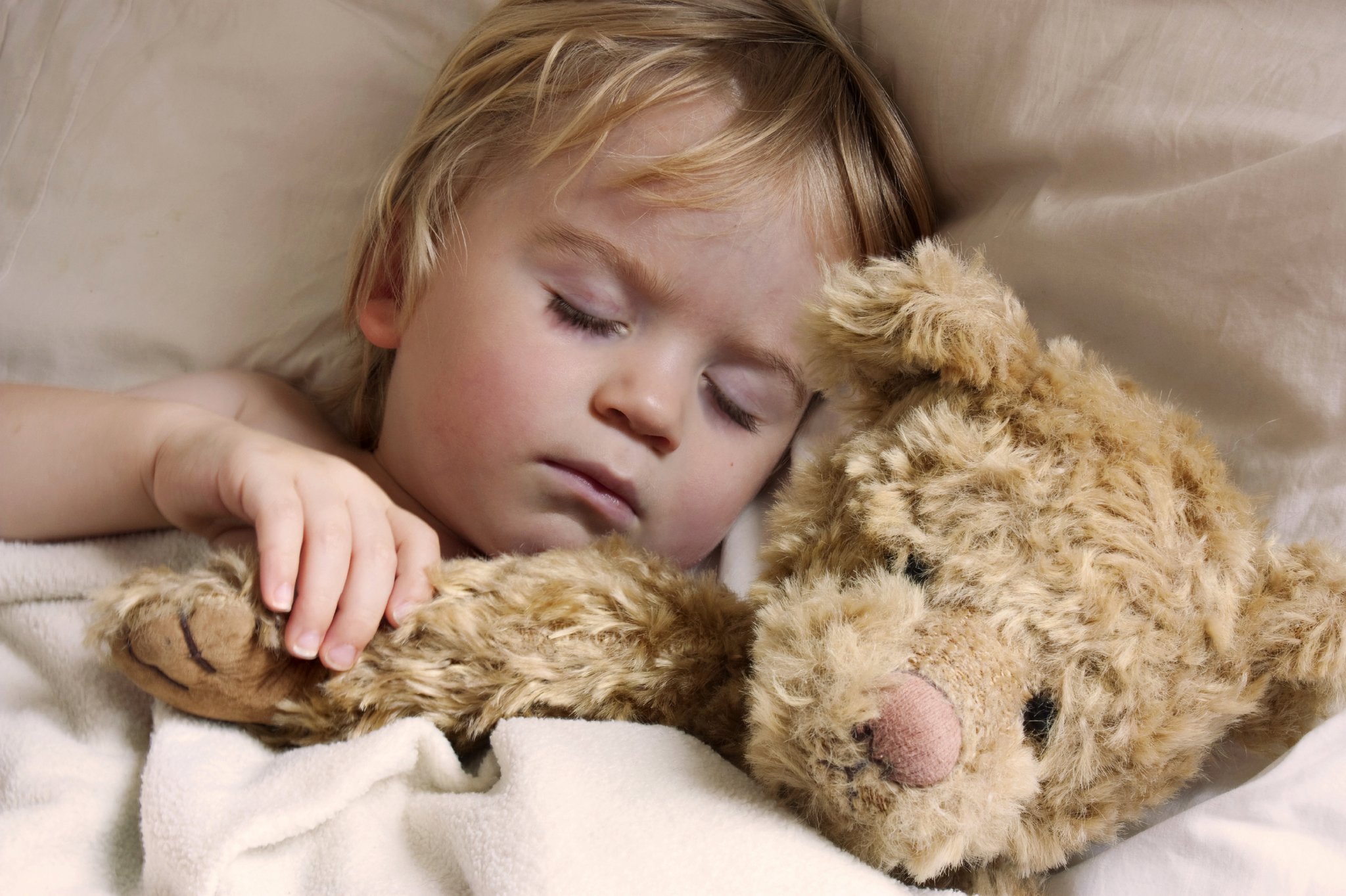 Petit garçon dort avec un ours en peluche