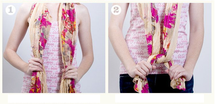 Bước 1 và 2 trong việc buộc một chiếc khăn trong một nút thắt vô cực