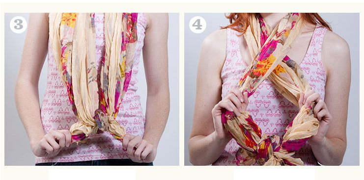 Stap 3 en 4 voor het binden van een sjaal in een oneindige knoop