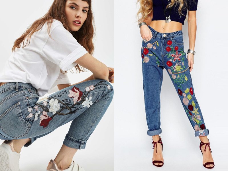 Stilingi džinsų modeliai su dekoru