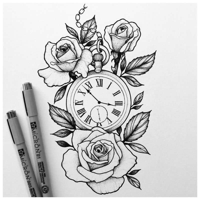 Скица на татуировка с часовник и рози