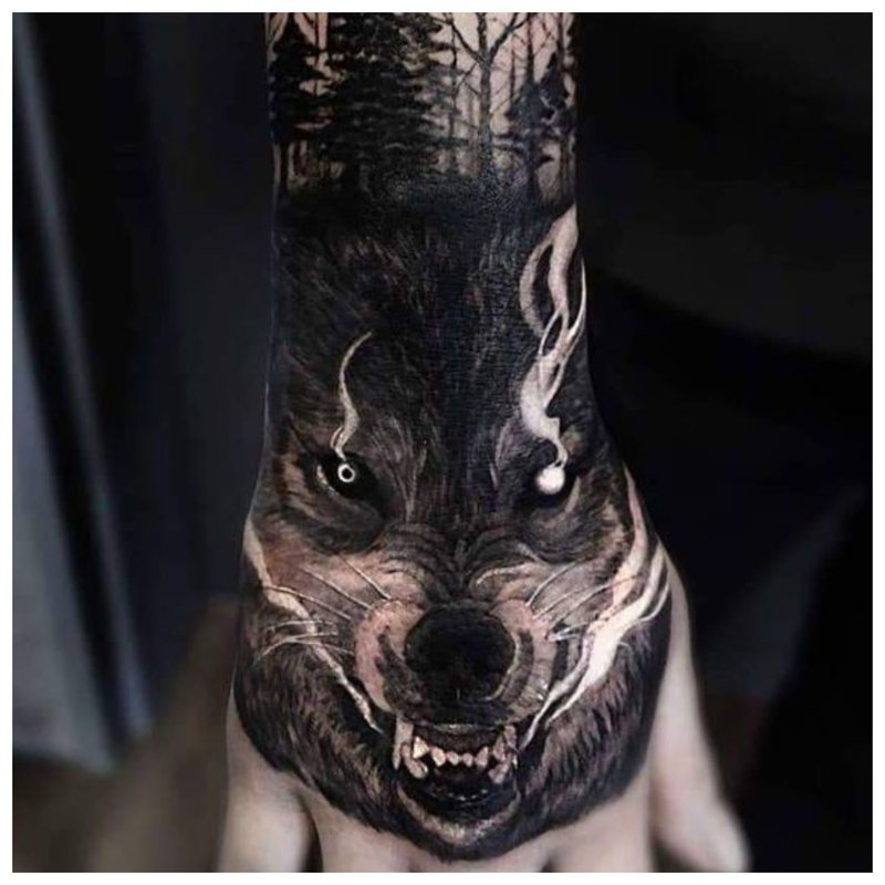 Vilko burnos tatuiruotė ant vyro rankos