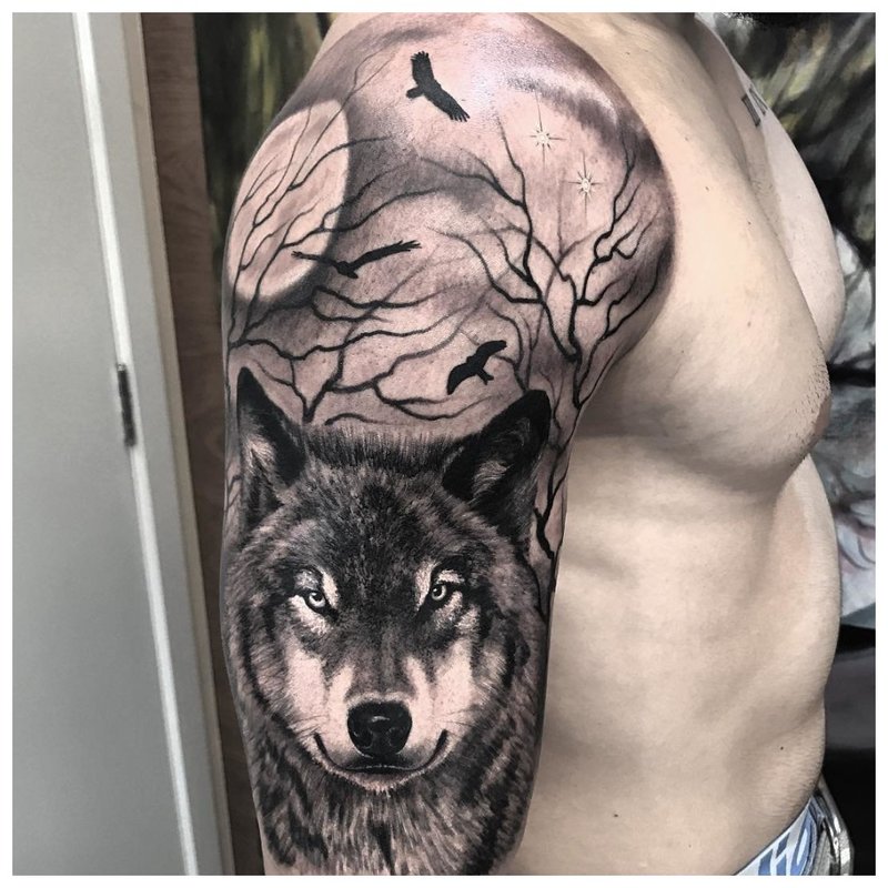 Loup réaliste - tatouage sur l'épaule