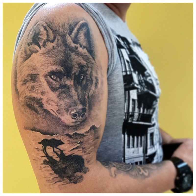 Farkas arc - tetoválás a vállán