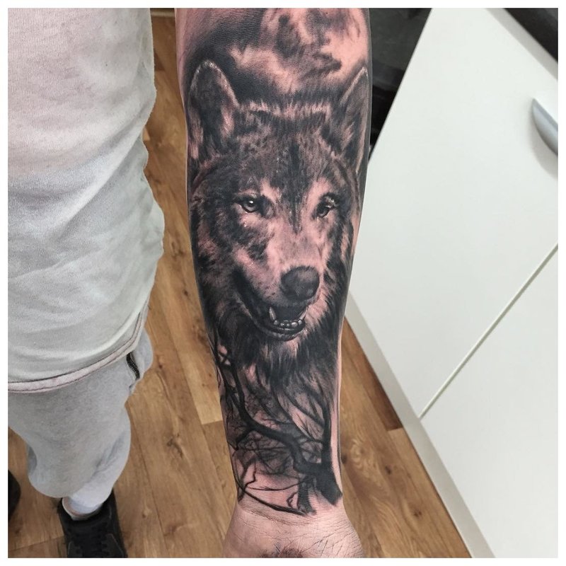 Open mond van een wolf - tatoeage op de hand van een man
