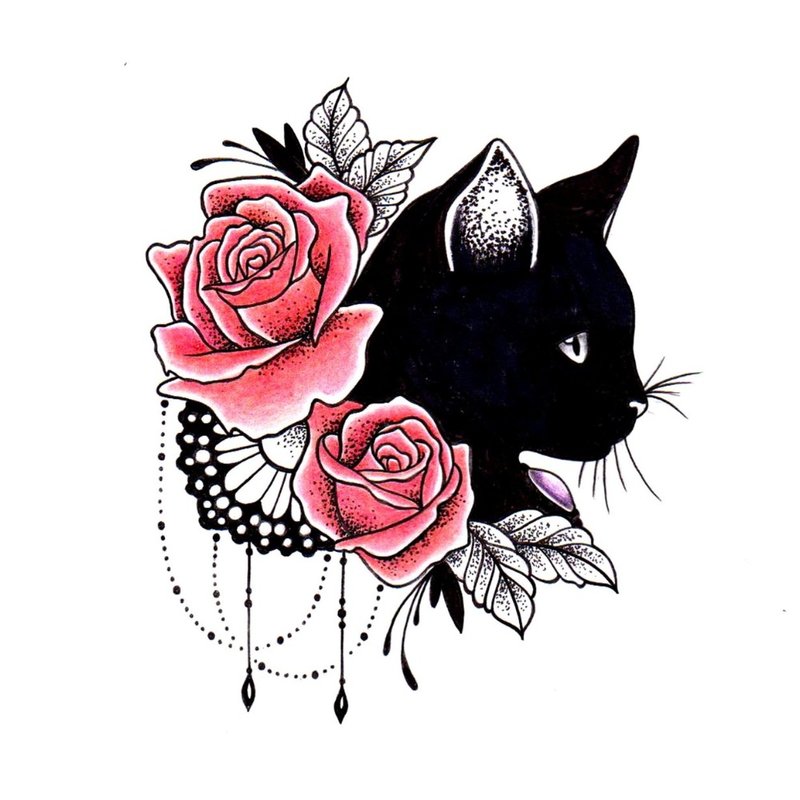 Spalvotas eskizas katė su rožėmis