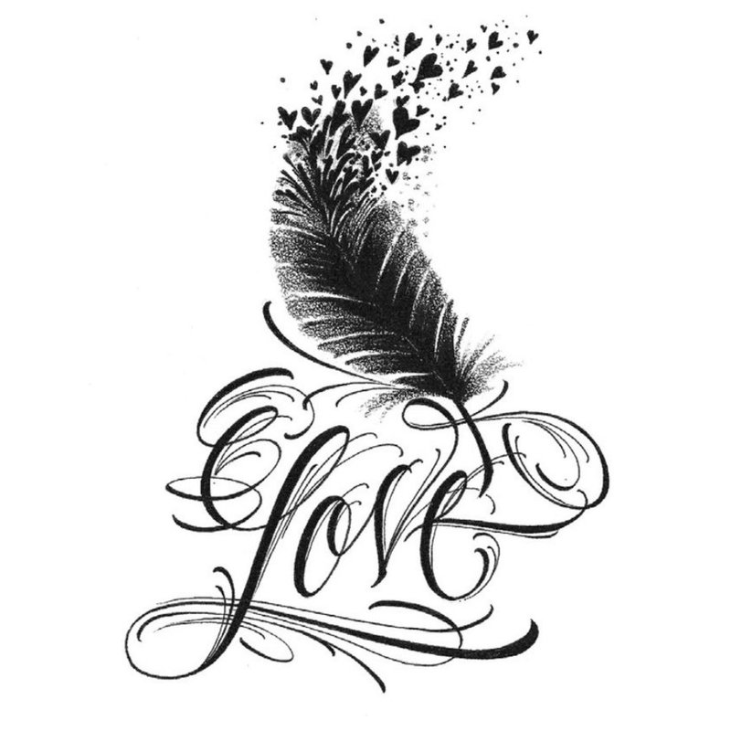 Meilės tatuiruotės eskizas su plunksna