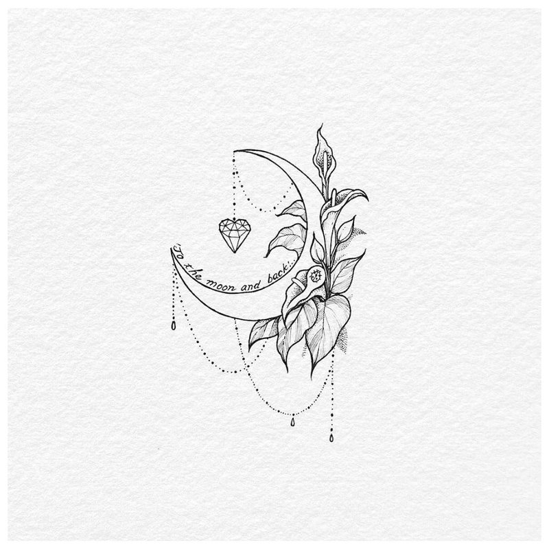 Mėnulio tatuiruotės su augalu eskizas