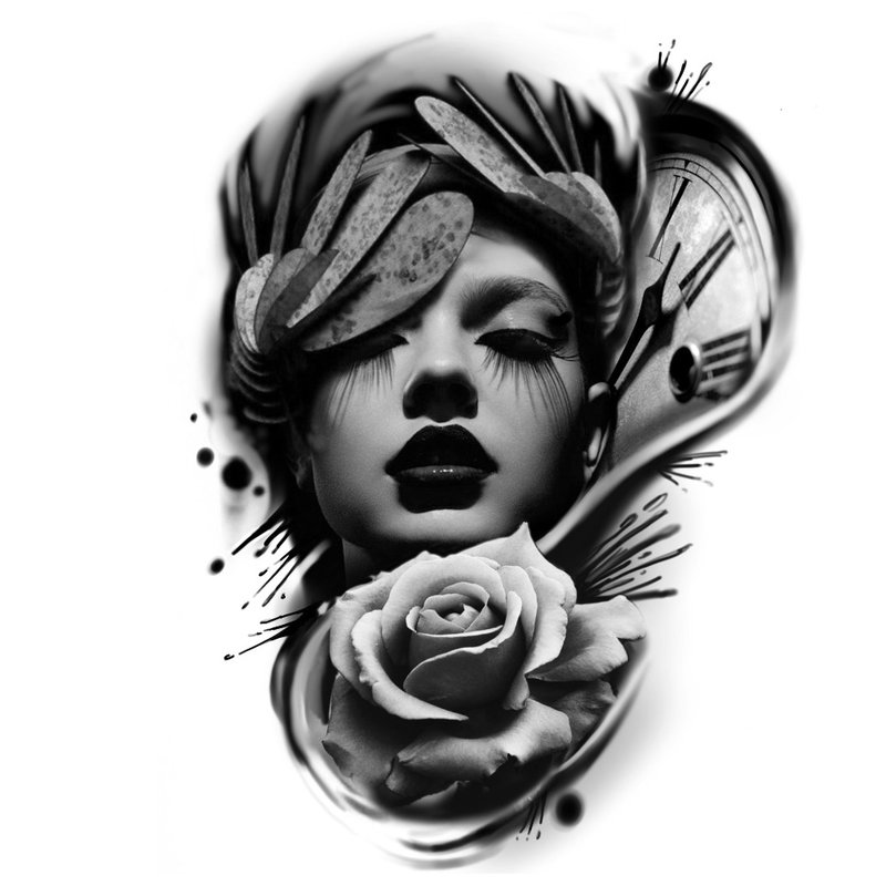 Zwart-witte schets van een tatoeage met een portret