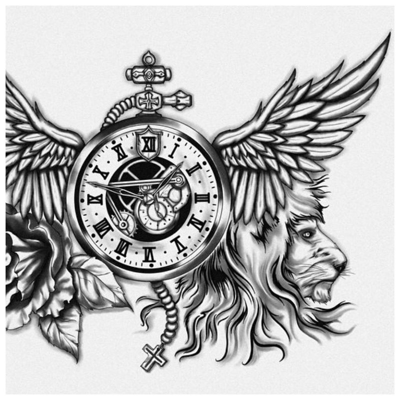Szkic tatuażu z lwem i zegarem.