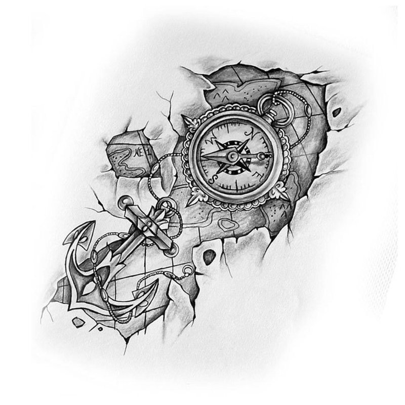 Skisse av tatovering med klokke og anker