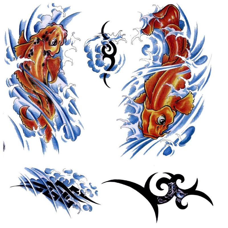 Náčrtky barevných tetování s rybami
