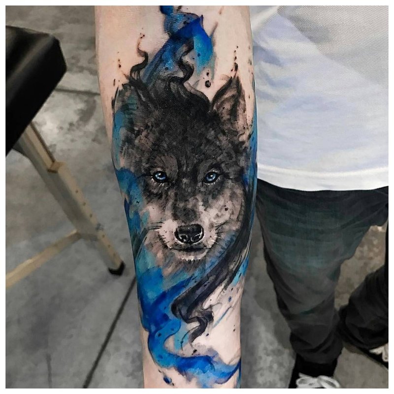 Wilk w kolorowym stylu - tatuaż na ramieniu