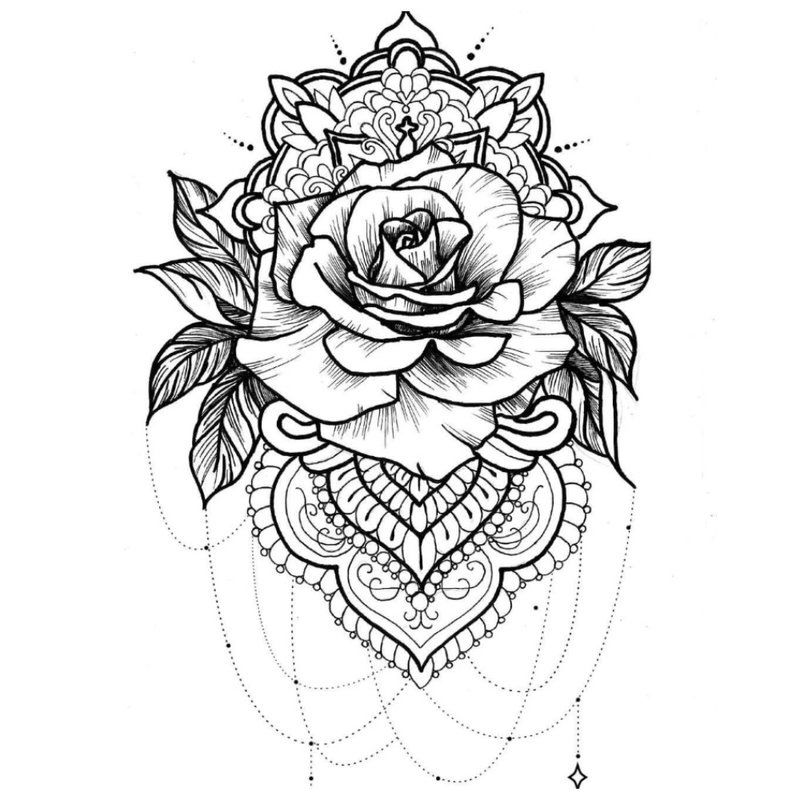 Svart og hvit skisse av en rose i etnisk stil.