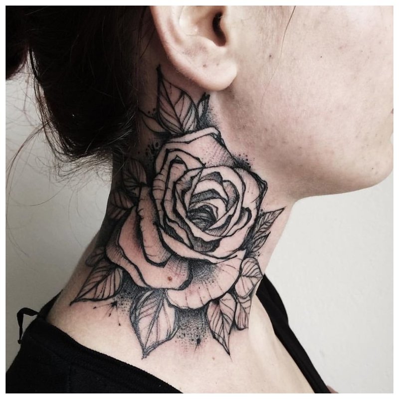 Tattoo of a girl with a rose all over her neck