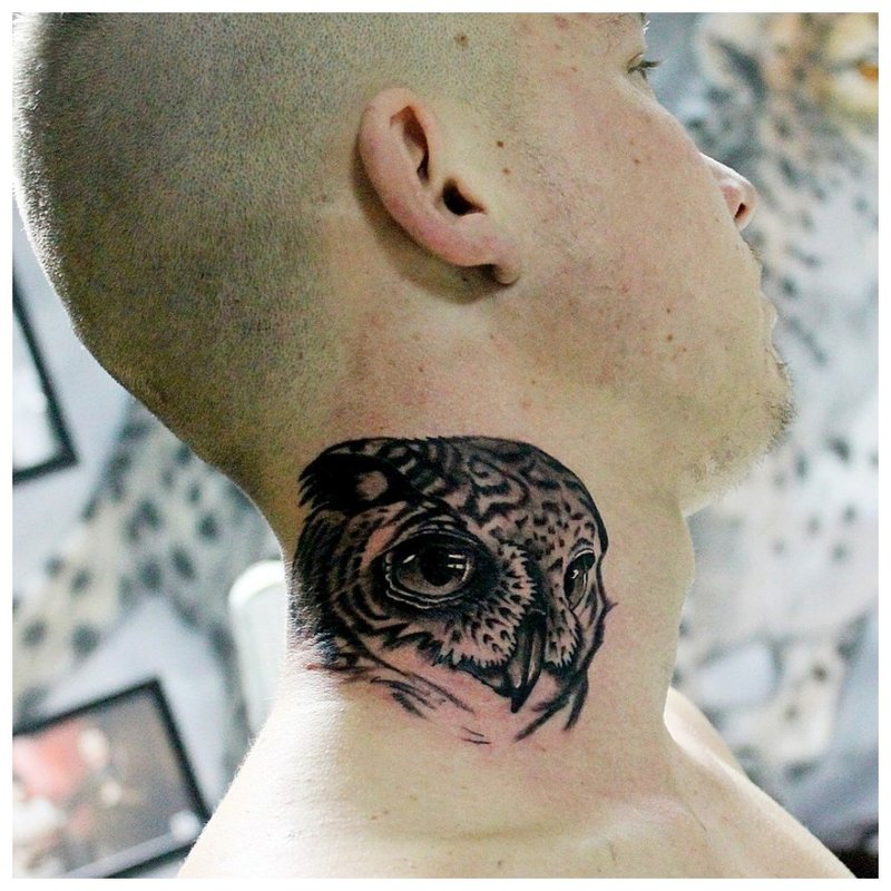 Tatuaż sowy na szyi mężczyzny