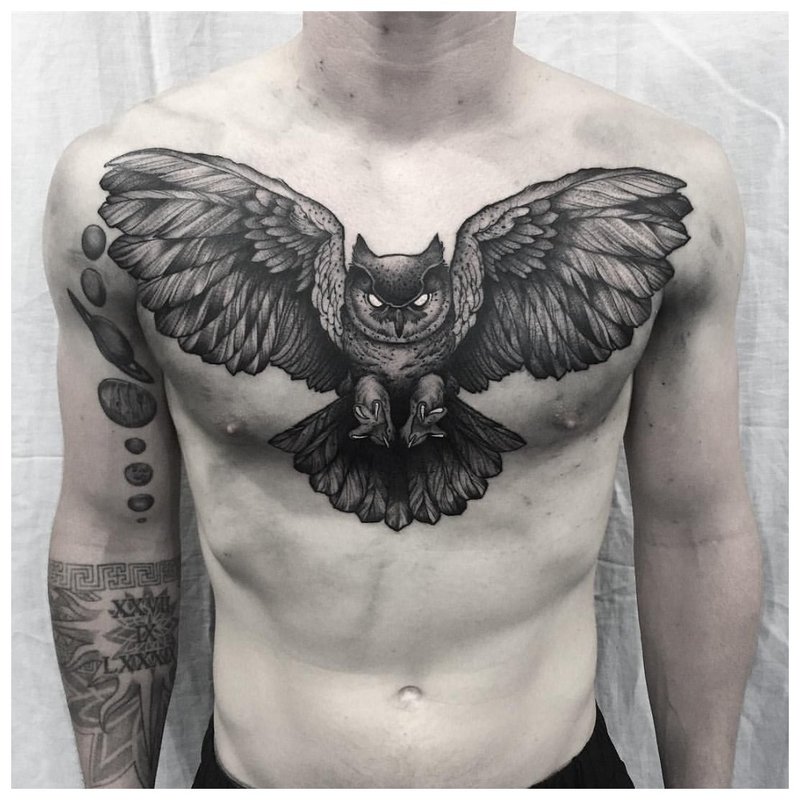 Pasăre - tatuaj pe pieptul unui bărbat