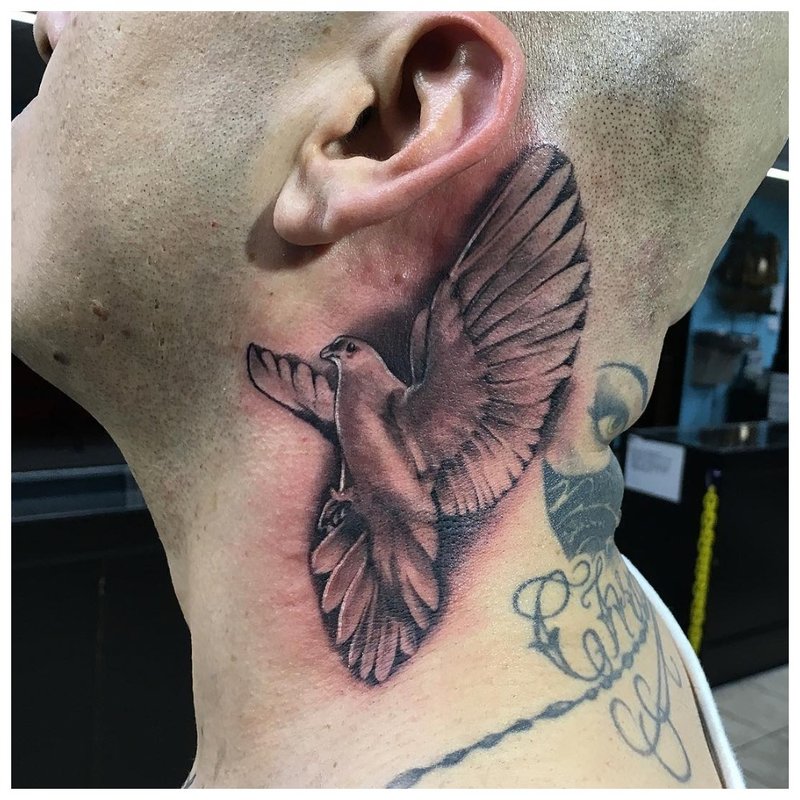 Tatoeage van een vogel in de nek van een man